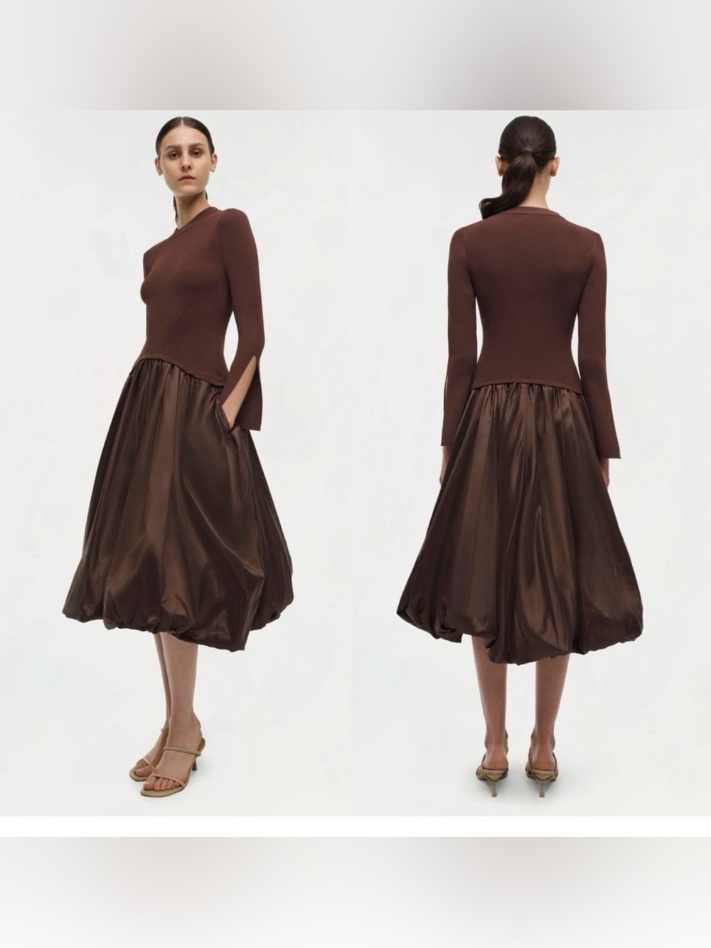 SIMKHAI Kenlie Ribbed Knit Bodice Taffeta Bubble Dress Brown Size Large NWOT